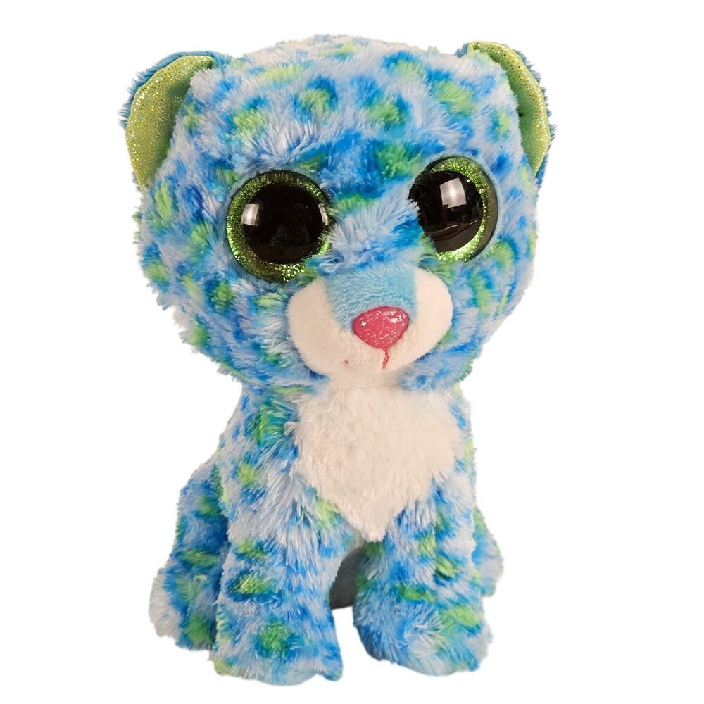 Ty Beanie Boo Leona Blue Leopard Plush Stuffed Animal Big Eyes 6in Glitter Ears